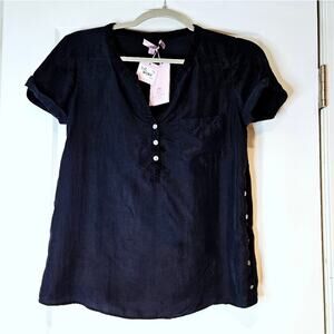 Calypso St. Barth Navy Silk Button Front Short Sleeve Blouse NWT